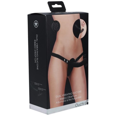 Ouch! - Dual Vibrating - Rechargeable - 10 Speed Silicone Ribbed Strap-On - Adjustable - Black